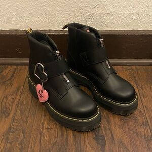 Dr. Martens Black Ankle Boots with Zips, Heart Buckles and Pink Hearts
